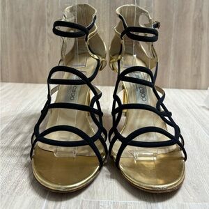 Jimmy Choo Black Myth Caged Suede Leather & Bunting Gold  Strappy Heels